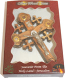 Layered Olive Wood Cross Carved by Laser with Holy Land Samples - Hanging (12 cm or 5 inches) Small/Certificate