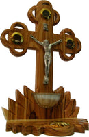 Table Olive Wood Cross/Crucifix with Holy Water Font - with Samples from The Holy Land (22 cm or 9 inches in Height)