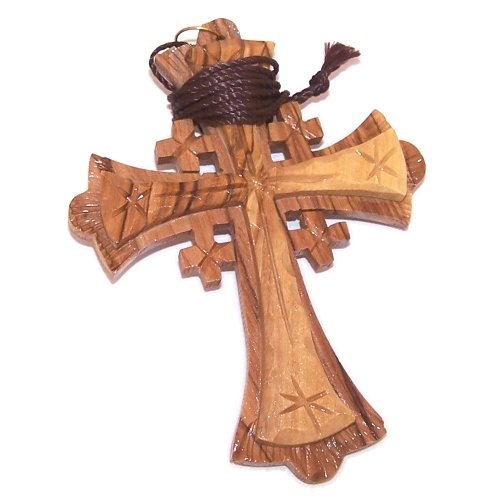 Large Grade A olive wood Jerusalem Cross necklace (4 inches - Cord can be adjusted)