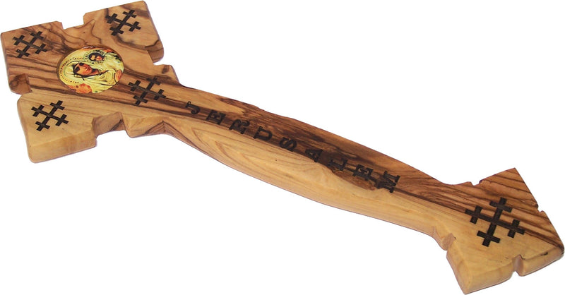 Holy Land Market Priest Hand held Blessing Cross - Hand Carved from Olive Wood Eastern Cross with Two Icons Model I - 9 Inches