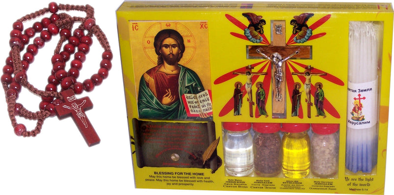 Holy Land Market Complete Samples Set with Soil, Incense, Anointing Oil and Jordan Holy Water, Crucifix and Icon and Rosary