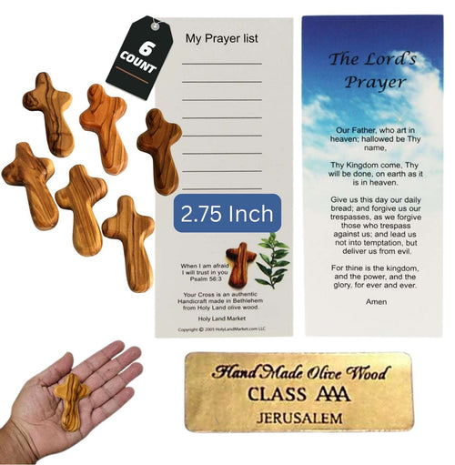 Six olive wood comfort crosses with prayer list and Lord's Prayer cards #count_6 crosses