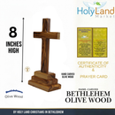 Holy Land Market Olive Wood Standing Altar Cross – Hand-Carved in Bethlehem by Christian Artisans – Tabletop Crucifix with Certificate of Authenticity & Prayer Card – Genuine Holy Land Olive Wood