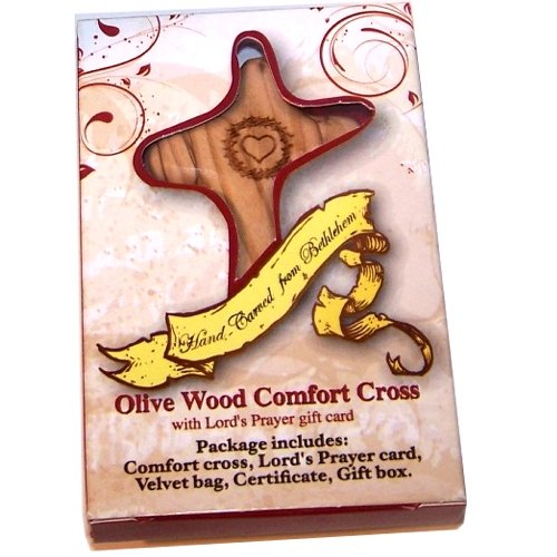 No Greater Love Olive Wood Comforting Cross Engraved with Crown of Thorns and Heart of Our Lord Package. Comes with Gift Box,Velvet Bag & Lord's Prayer Card - 2.75" Cross