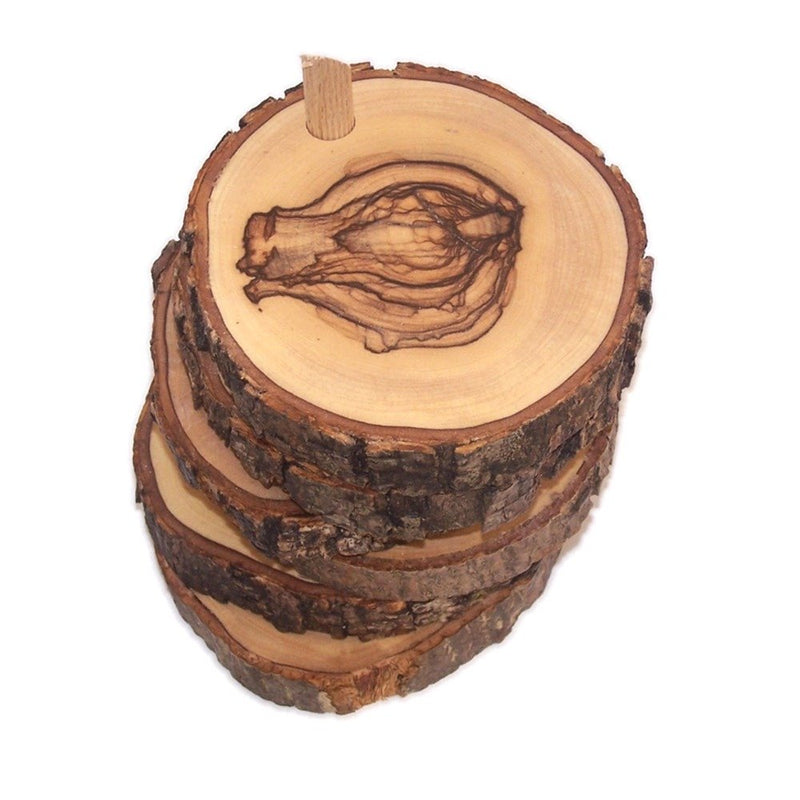 Hand Carved Olive Wood Natural Coaster Set of 5 plus base - Connected (about 3.5 Inches each) - Asfour Outlet Trademark