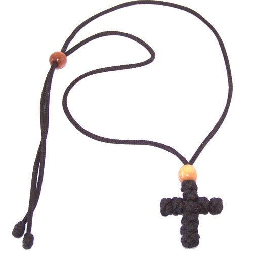 Knotted Cross necklace with expandable cord controlled by olive wood beads