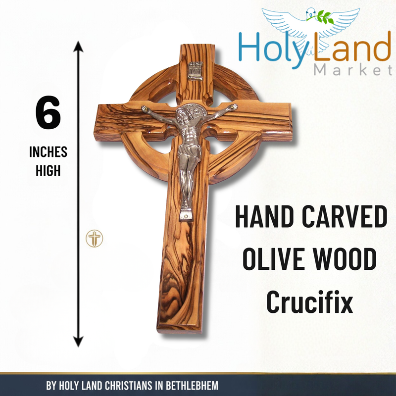 Holy Land Market 6" Celtic Olive Wood Wall Crucifix – Handmade in Bethlehem with Metal Saint Benedict Medal (Front & Back), Certificate, Prayer Card & Medal Explanation – Solid Olive Wood Cross