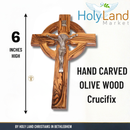 Crucifijo de madera de olivo celta de 6" del Mercado de Tierra Santa – Hecho a mano en Belén con medalla de metal de San Benito (frente y reverso), certificado, tarjeta de oración y explicación de la medalla – Cruz sólida de madera de olivo