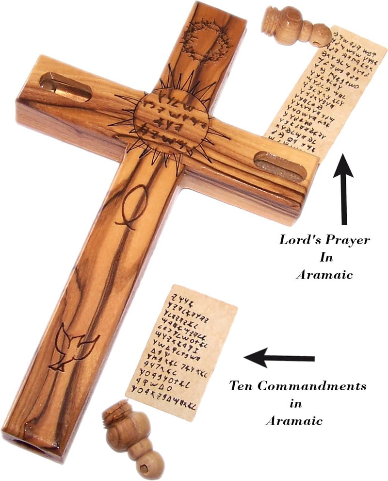 Holy Land Market Hanging Olive Wood Guardian Cross for Family Protection With Biblical Scriptures And Embedded Relics