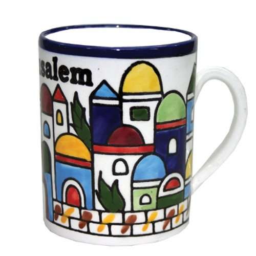 Jerusalem view and city walls Armenian ceramic Cup - Small (2.6 inches or 6.5 cm) - Asfour Outlet Trademark