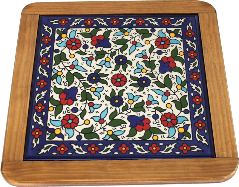 Holy Land Market Extra Large Ceramic Coaster Trivet - Hot Plate - Shades of Blue Flowers ( 25cm or 9.75 Inches )