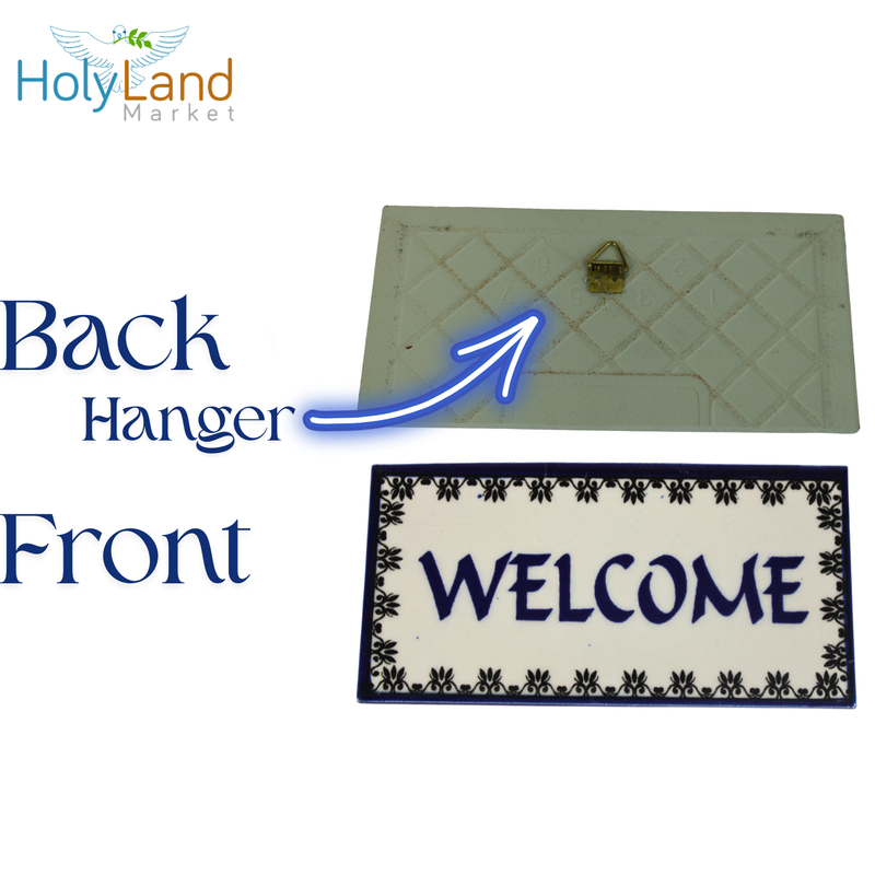 Holy Land Market Welcome Painted Tile from Jerusalem - 6x3 Inches - Asfour Outlet Trademark