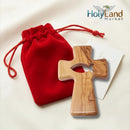 Wooden Pocket Cross - Bethlehem Olive Wood - 3-in-1 Design: Standing, Hanging, or Holding - Hand-Carved Fish Silhouette - Includes Velvet Pouch, Prayer Card, & Certificate (4.2 Inches)