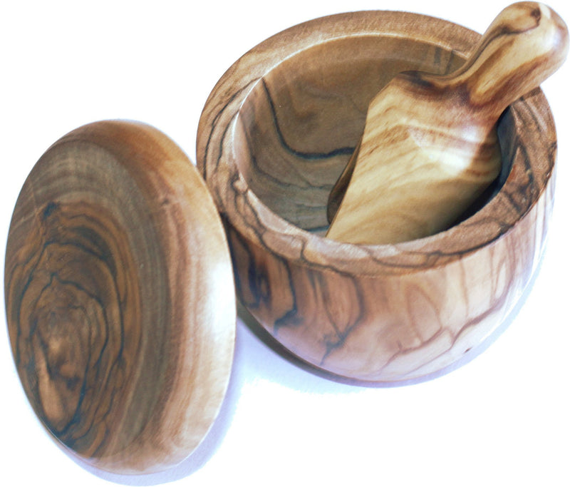 Olive wood Salt Cellar with Olive wood Salt Spoon set (3 Inch each) - Asfour Outlet Trademark