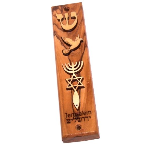 Holy Land Market Olive Wood Messianic Mezuzah Engraved and Ornamented with Laser (5 inches)