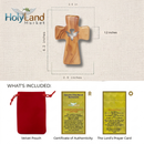 Wooden Pocket Cross - Bethlehem Olive Wood - 3-in-1 Design: Standing, Hanging, or Holding - Hand-Carved Silhouette - Includes Velvet Pouch, Prayer Card, & Certificate ( 4.2 Inches )