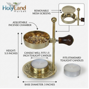 Brass Incense Burner kit - Candle and Incense and Two Mesh Screens, Adjustable Charcoal and Tea Light Bakhoor Burner for Resin, Myrrh, Copal and Bakhoor at Home, Church, Temple or Meditation Space