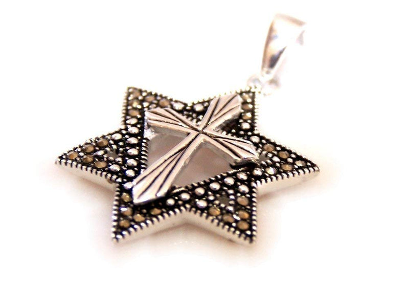 Marquise Star of David with a Cross Messianic pendant with Marcasite Border