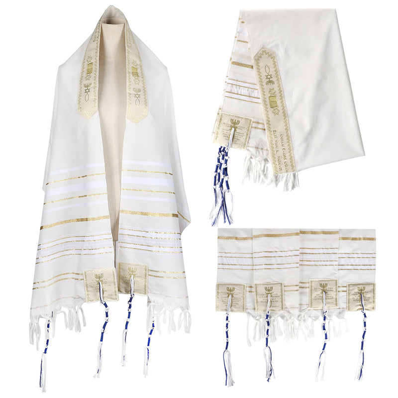 HolyLandMarket Mens Messianic Shawl/Tallit - The Messiah Tallit (All White / Gold)