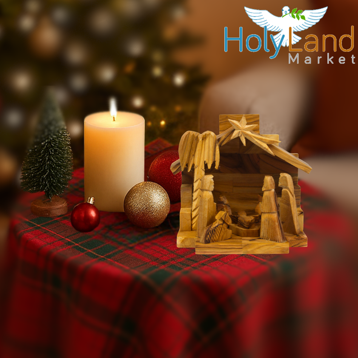 Holy Land Market Olive Wood Nativity Set - Small One Piece Christmas S