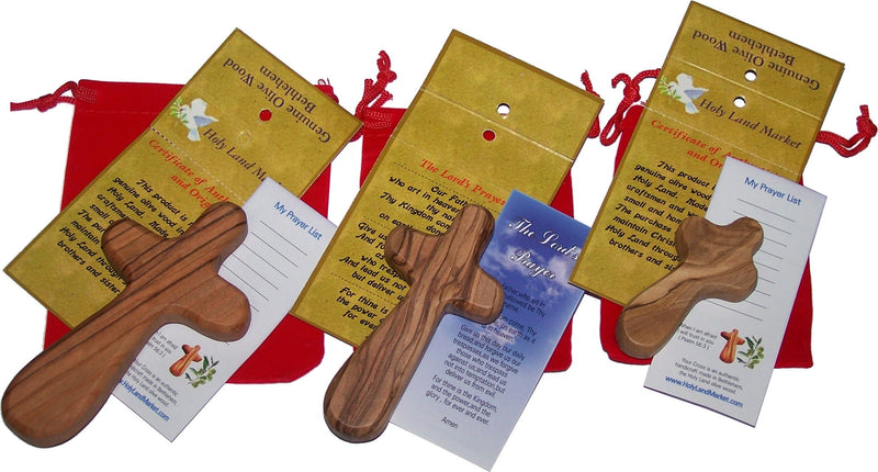 Holy Land Market Three Olive Wood Comfort Handheld Crosses with Velvet Bags & Lord's Prayer Cards - Set of Three Sizes