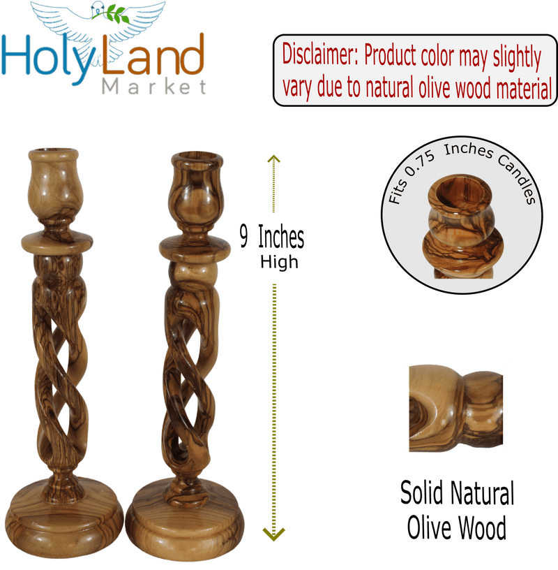 Par de candelabros de madera de olivo del Mercado de Tierra Santa - Hechos a mano, candelabros de 9 pulgadas, diseño inspirador de torsión hueca, diámetro de copa de 0.75 pulgadas, elaborado por artesanos cristianos en Belén