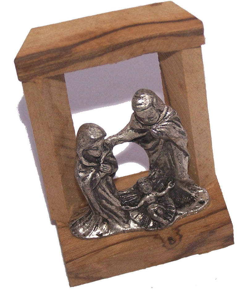 Pewter Nativity inside an olive wood cave Christmas Ornament - from the Holy Land