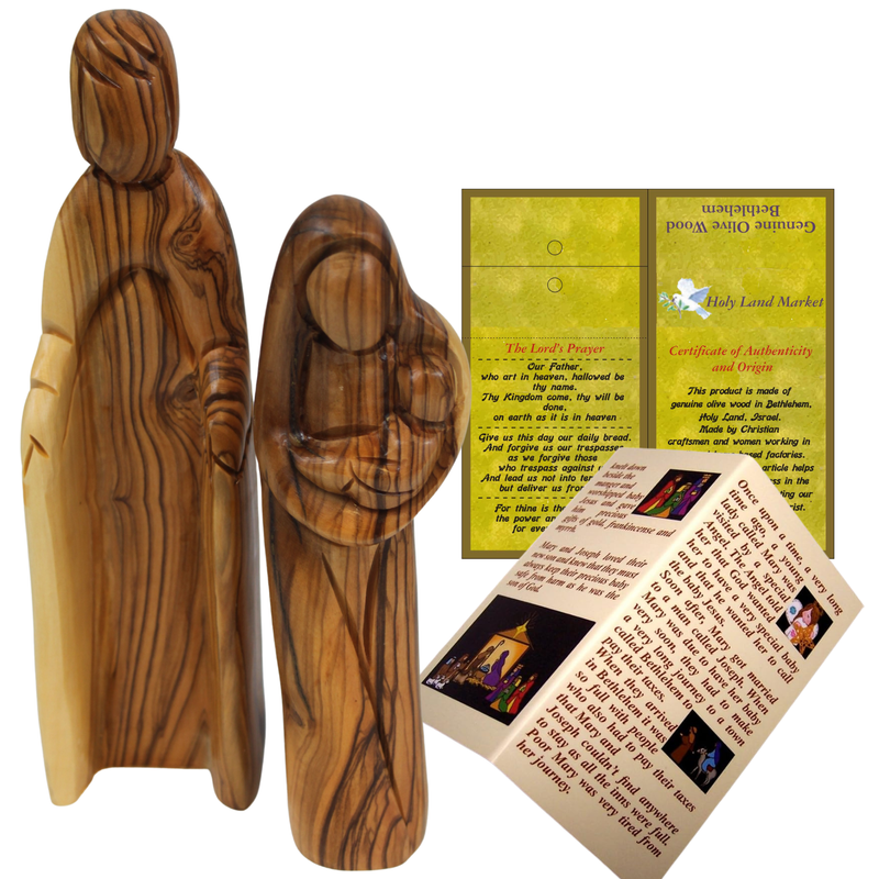 Holy Land Market Hand-Carved Olive Wood Holy Family – 2-Piece Statue 8.1” | Joseph, Mary & Baby Jesus Nativity Set from Bethlehem | Comes with Certificate, Prayer Card & Nativity Story Booklet