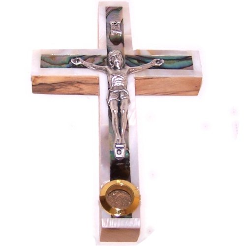 Small grade A Olive wood Latin Style Crucifix with Mother of Pearls Layer on top ( 12 cm or 4.8 inches )