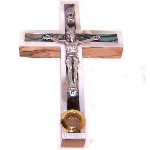 Crucifijo de estilo latino de madera de olivo de grado A pequeño con capa de nácar en la parte superior (12 cm o 4.8 pulgadas)