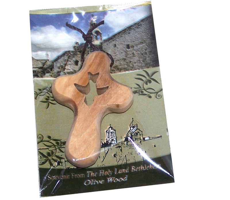 Holy Spirit The Comforter Olive Wood Comforting Cross Engraved with Dove - Necklace. Cross is About 2.5" and Comes with Certificate