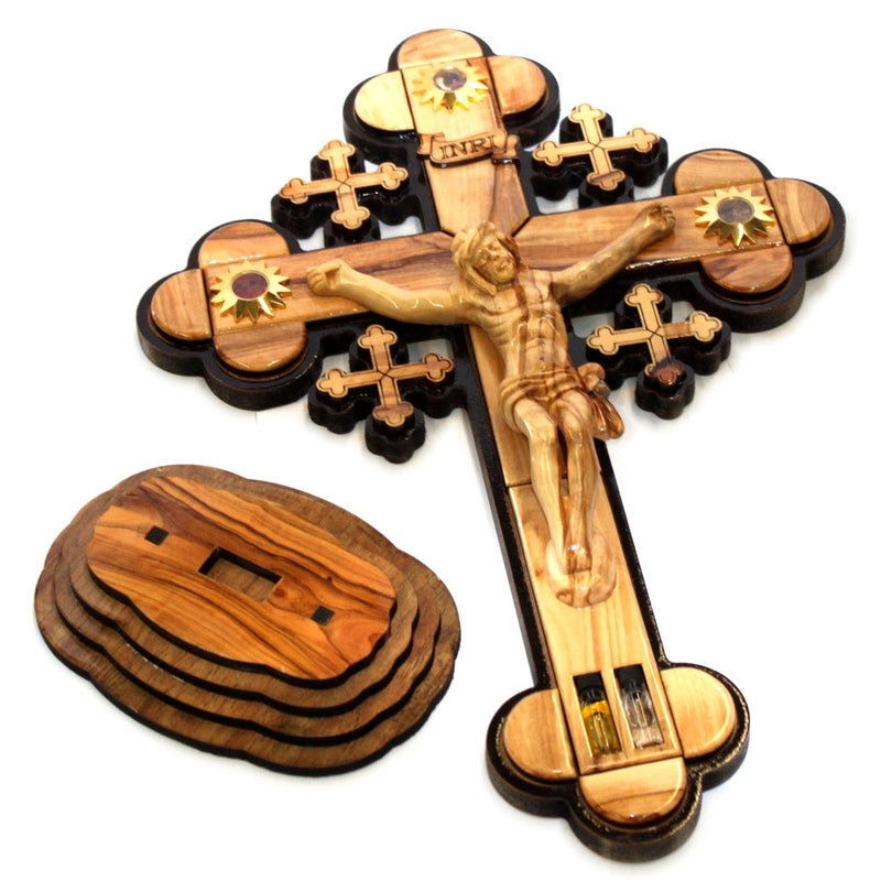 Layered Olive Wood Cross Carved by Laser with Holy Land Samples - Standing or Hanging (14 inches or 35 cm) Large/Certificate