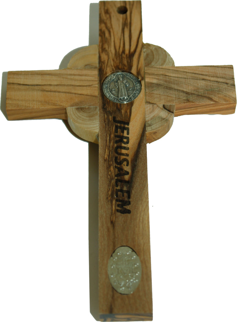 Holy Land Market Celtic and Saint Benedict and Miraculous Medal Olive Wood Crucifix