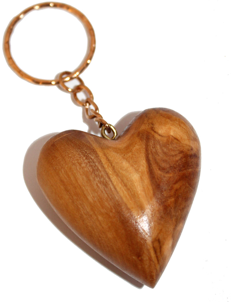 Heavy Jerusalem Olive Wood Carved Heart Key Chain or ring - 2 inches long and 1 inch thick