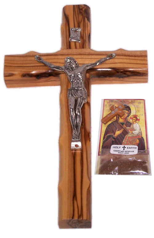 Crucifijo de madera de olivo del Mercado de Tierra Santa con Tierra Santa - 8 pulgadas