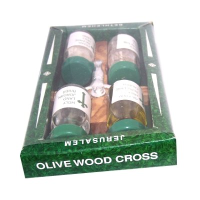 Olive Wood Cross Set with 4 Bottles - Anotinting Oil, Jordan River Water, Holy Earth and Incense