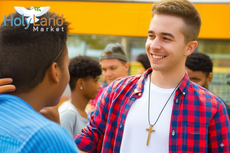 Holy Land Market Hand-Carved Olive Wood Cross Necklace from Bethlehem – 3.5" Thick Pendant with Certificate & Prayer Card – Christian Gift from the Holy Land