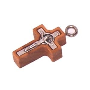 Olive wood Cross with Embedded pewter St. Benedict Crucifix - Latin (2.2cm - 0.9") - 5mm thick