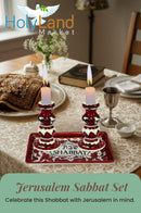 Holy Land Market Shabbat Candlesticks Set - Colorful Ceramic Shabbat Candle Holders Set with Matching Plate for Holidays