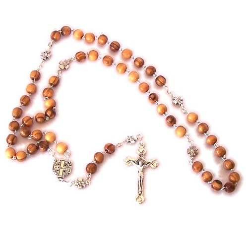 Jerusalem Cross Olive Wood Rosary - With Organza bag and a Large Praying Hands