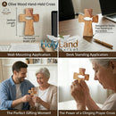 Wooden Pocket Cross - Bethlehem Olive Wood - 3-in-1 Design: Standing, Hanging, or Holding - Hand-Carved Fish Silhouette - Includes Velvet Pouch, Prayer Card, & Certificate (4.2 Inches)