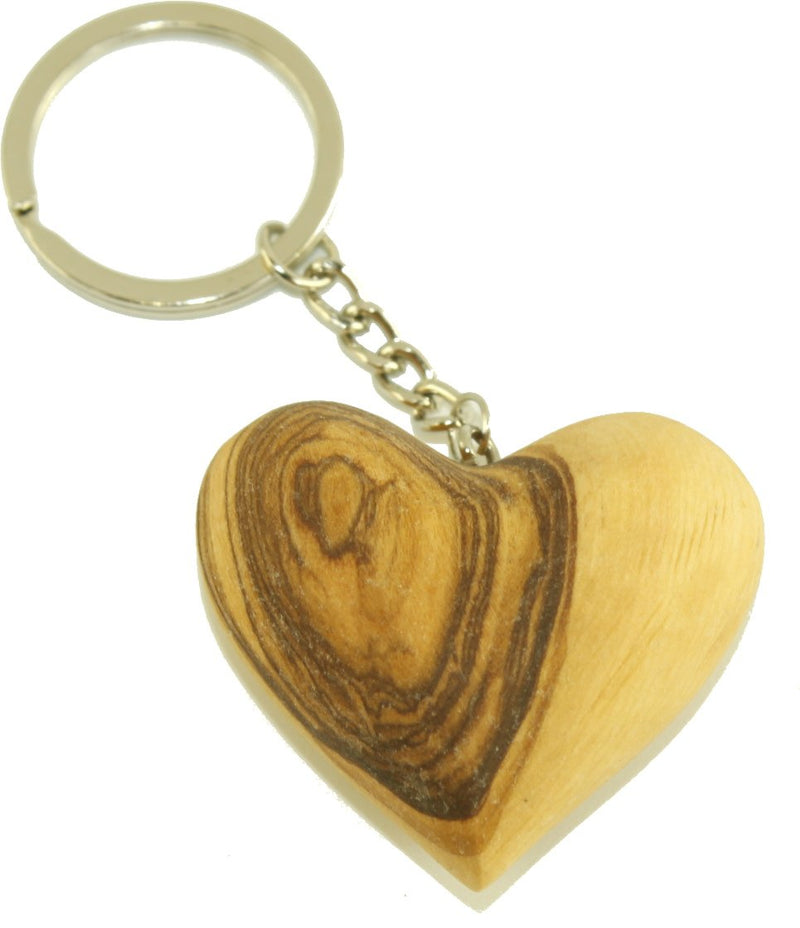 Heavy Jerusalem Olive Wood Carved Heart Key Chain or ring - 2 inches long and 1 inch thick