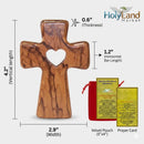 Wooden Pocket Cross - Bethlehem Olive Wood - 3-in-1 Design: Standing, Hanging, or Holding - Hand-Carved Heart Silhouette - Includes Velvet Pouch, Prayer Card, & Certificate (4.2 Inches)