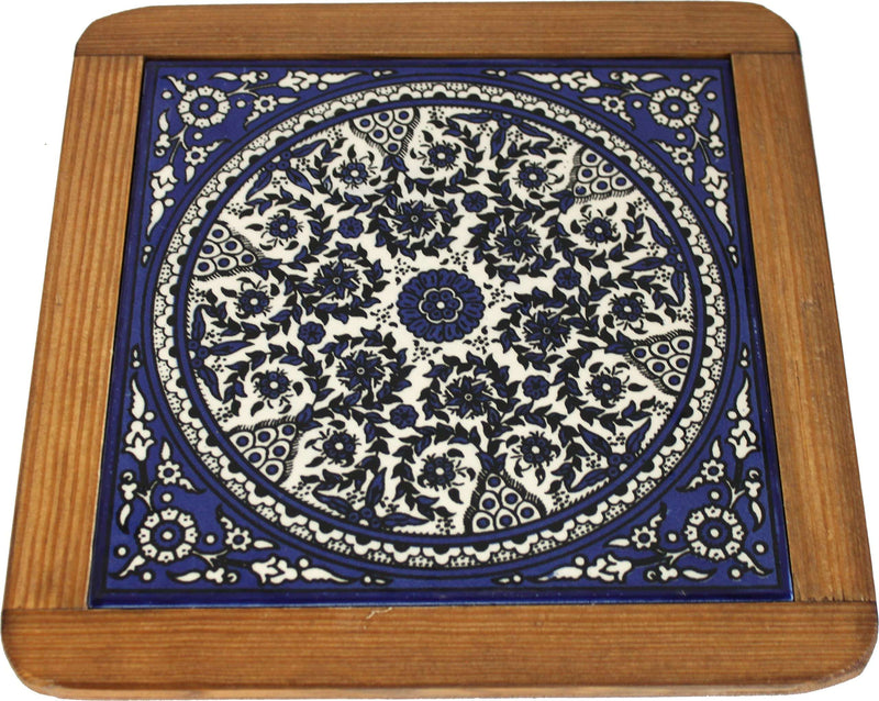 Cobalt blue and white round floral medallion tile in pine wood frame