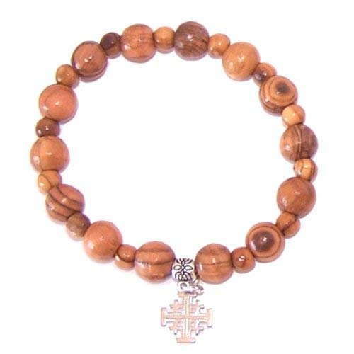 Elastic Olive wood religious bracelet with Silver tone Jerusalem Cross packed as a gift with Certificate