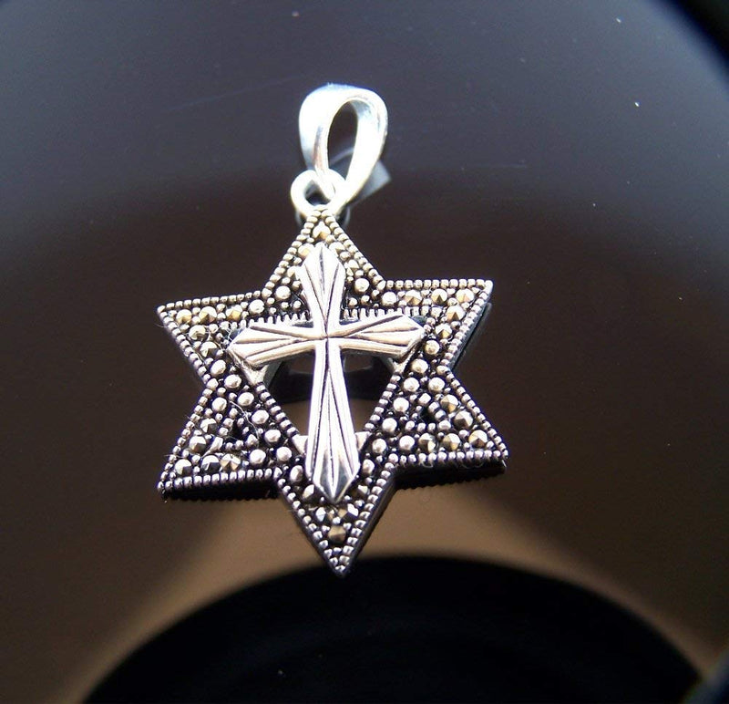 Marquise Star of David with a Cross Messianic pendant with Marcasite Border