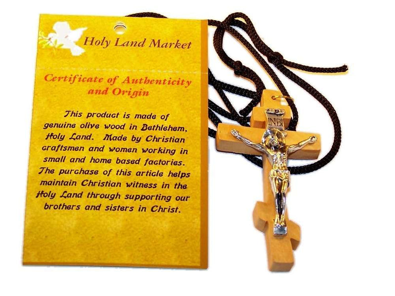 Crucifijo Patriarcal Ruso o de 3 Barras - Collar de Madera de Olivo (7 cm) Cordón de 60 cm de largo