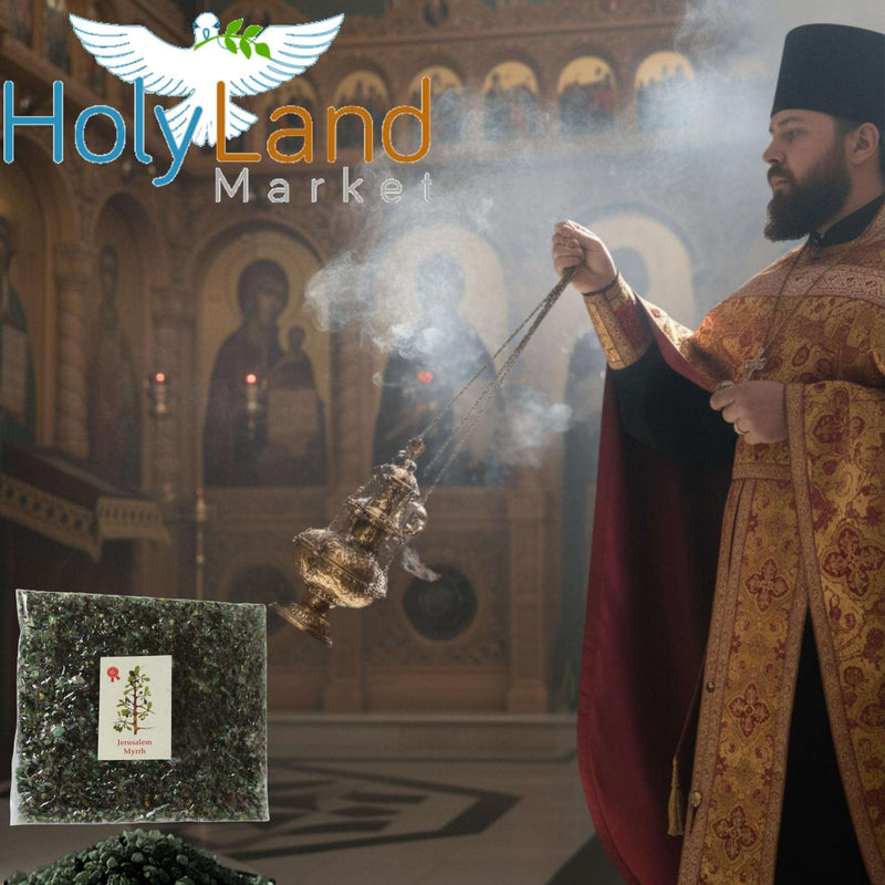 Priest swinging censer in church, myrrh bag inset