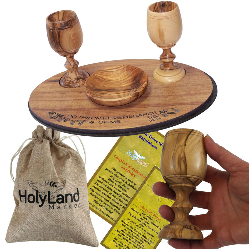 Holy Land Market Olive Wood Communion Cups & Plate Set Kiddush & Holding Tray - Communion Set Hand-Carved in Bethlehem – for Church Worship, Pastors & Ministries (Round Bowl + 2 Large Goblets + Tray)