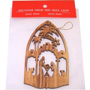 Holy Land Market Nativity Scene Olive Wood Christmas Ornament - Laser carving ( 2.75 x 1.75 Inches )